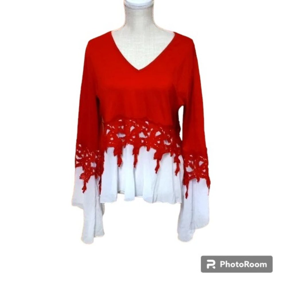 Red Lace & White Sheer blouse NWoT